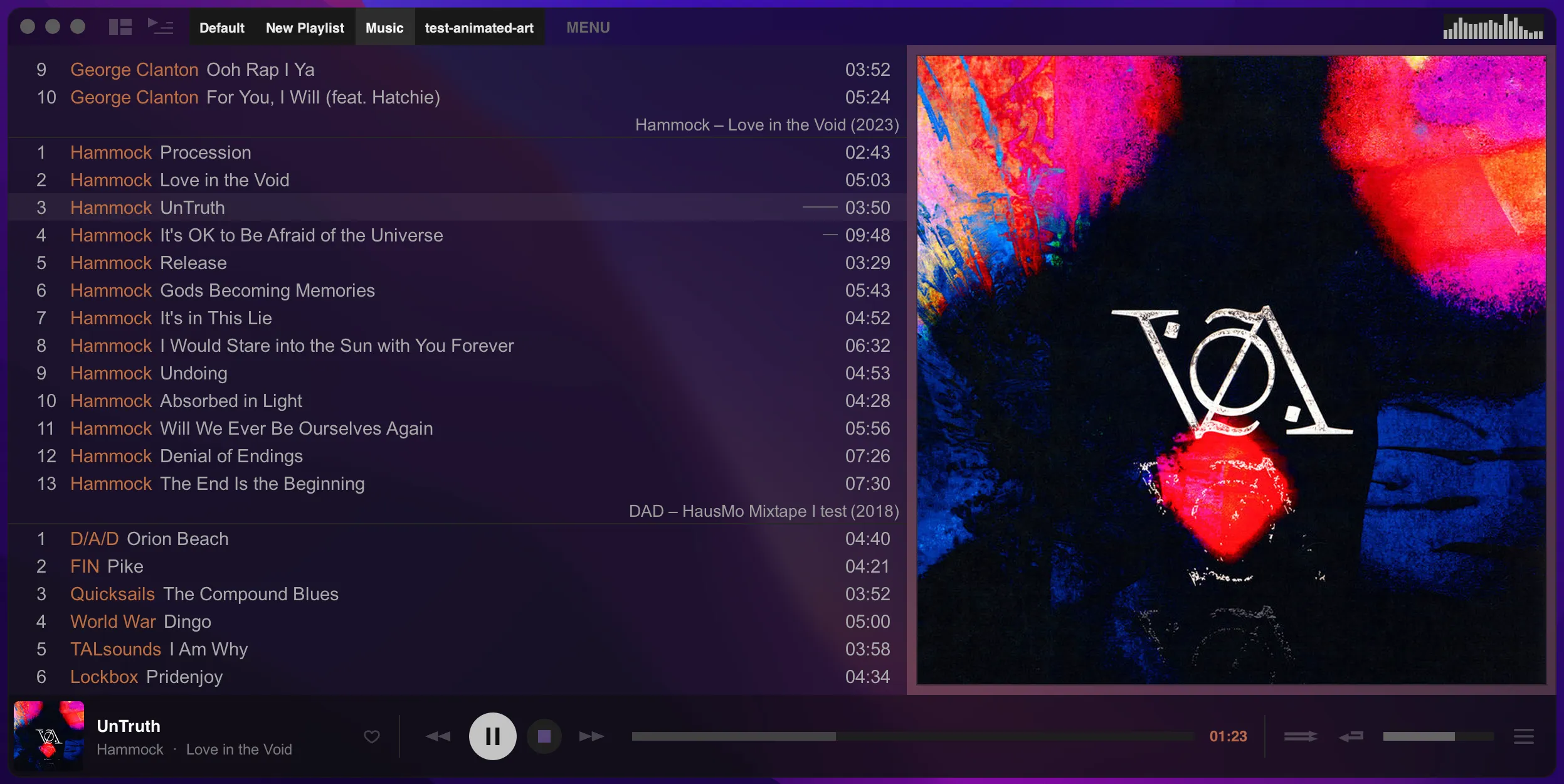 Tauon with a translucent blurred background showing a playlist and album art