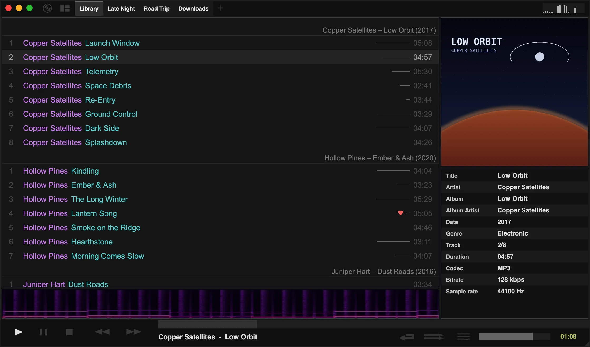 A custom layout with a tracklist, spectrogram, album art and track details