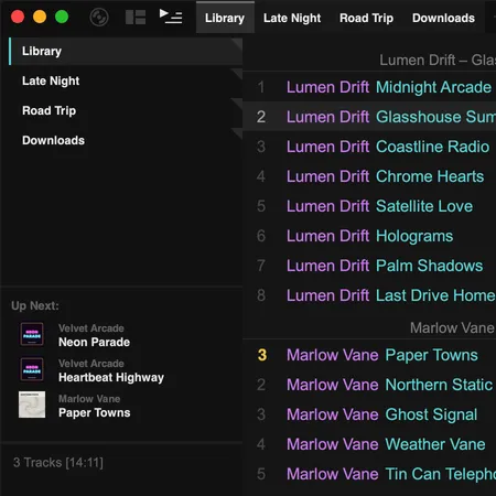 The left panel showing playlists and the queue