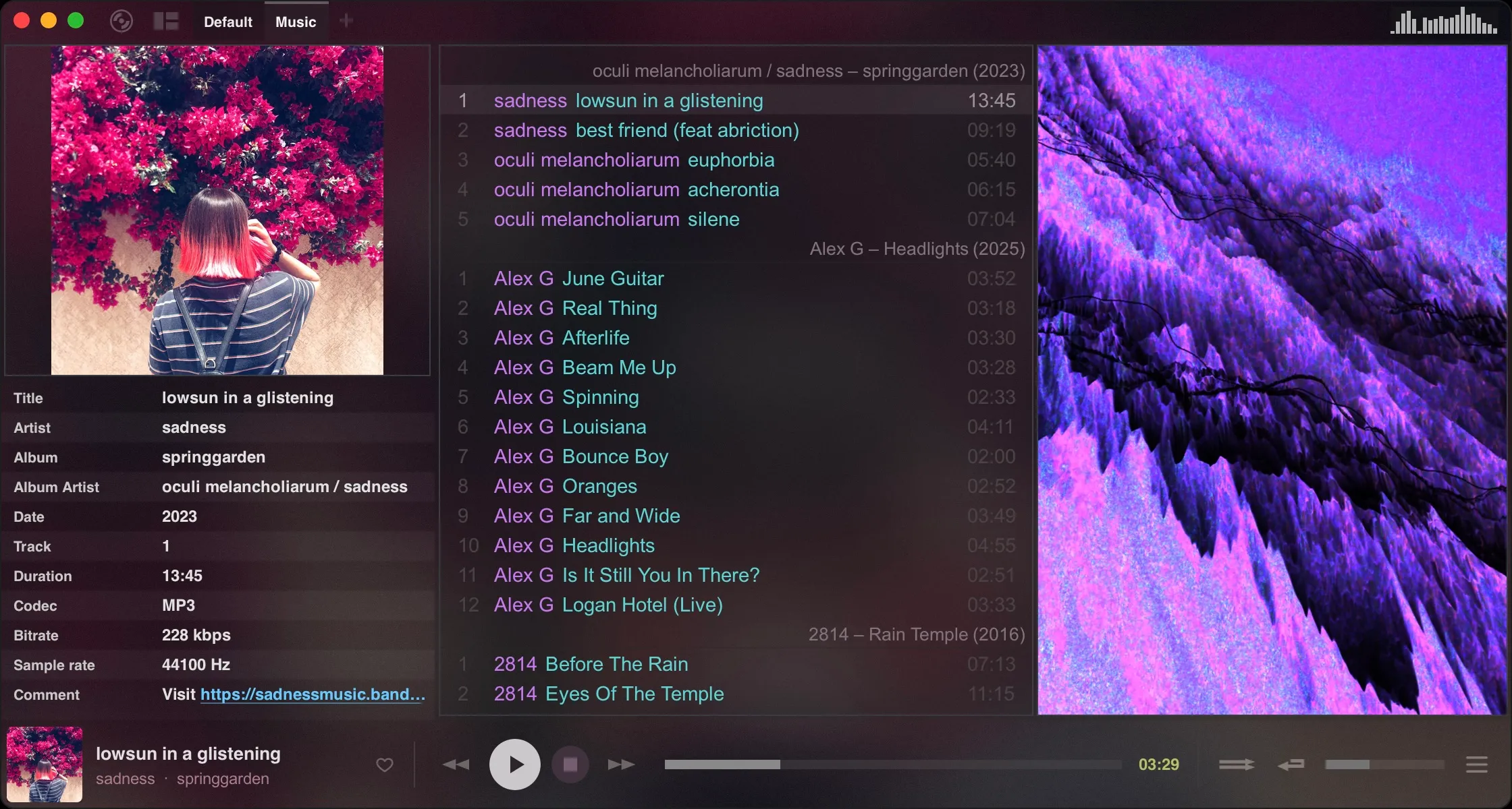 The MilkDrop visualiser beside the playlist and track details