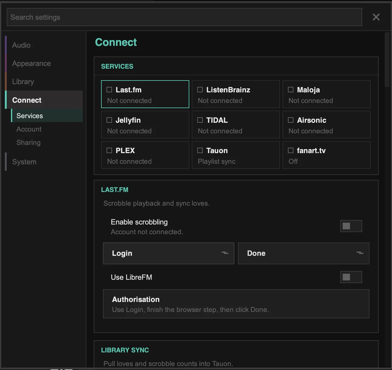 Scrobbling services in Settings › Connect