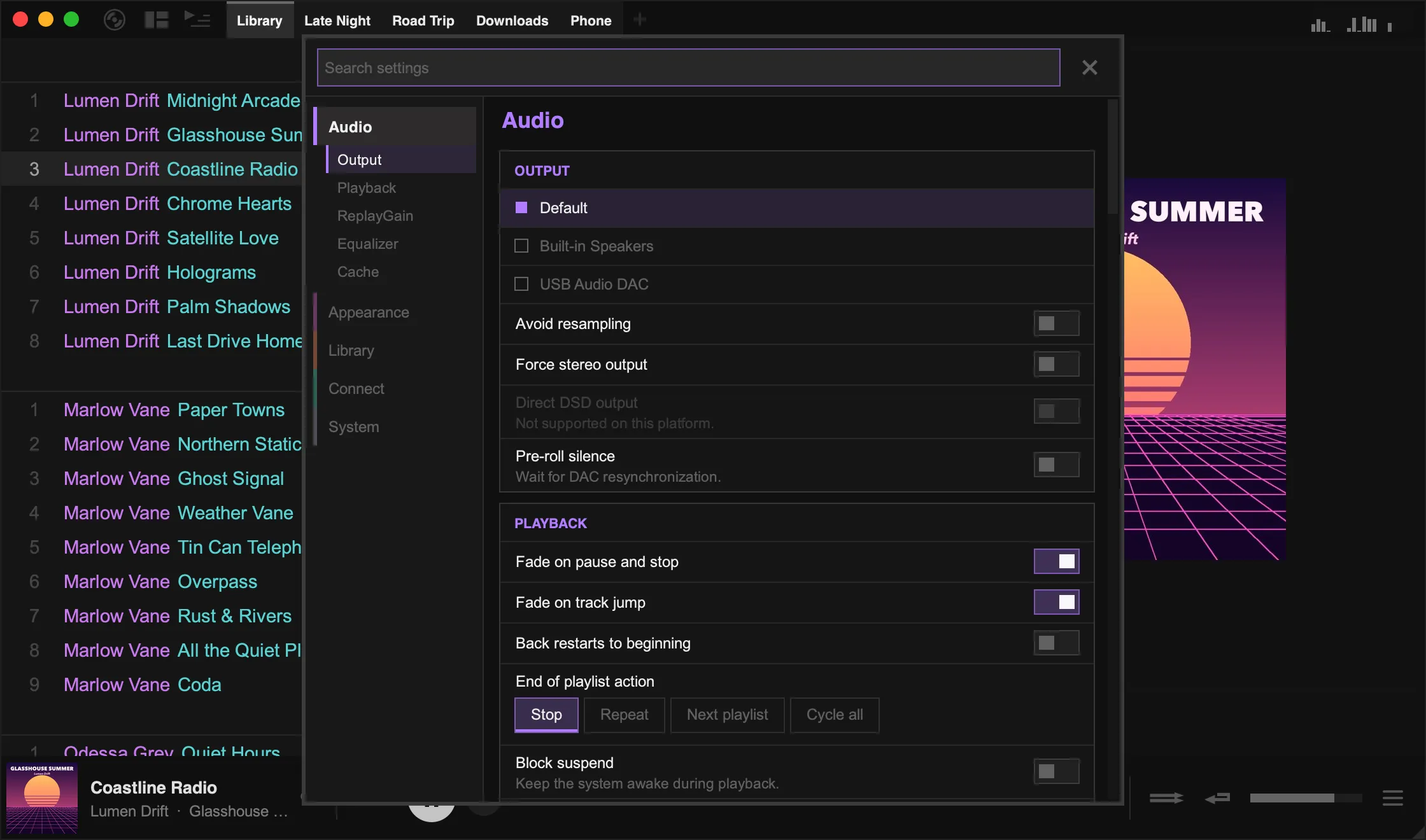 The settings window