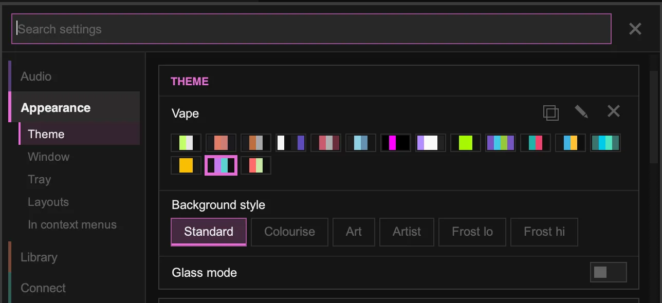 The theme settings