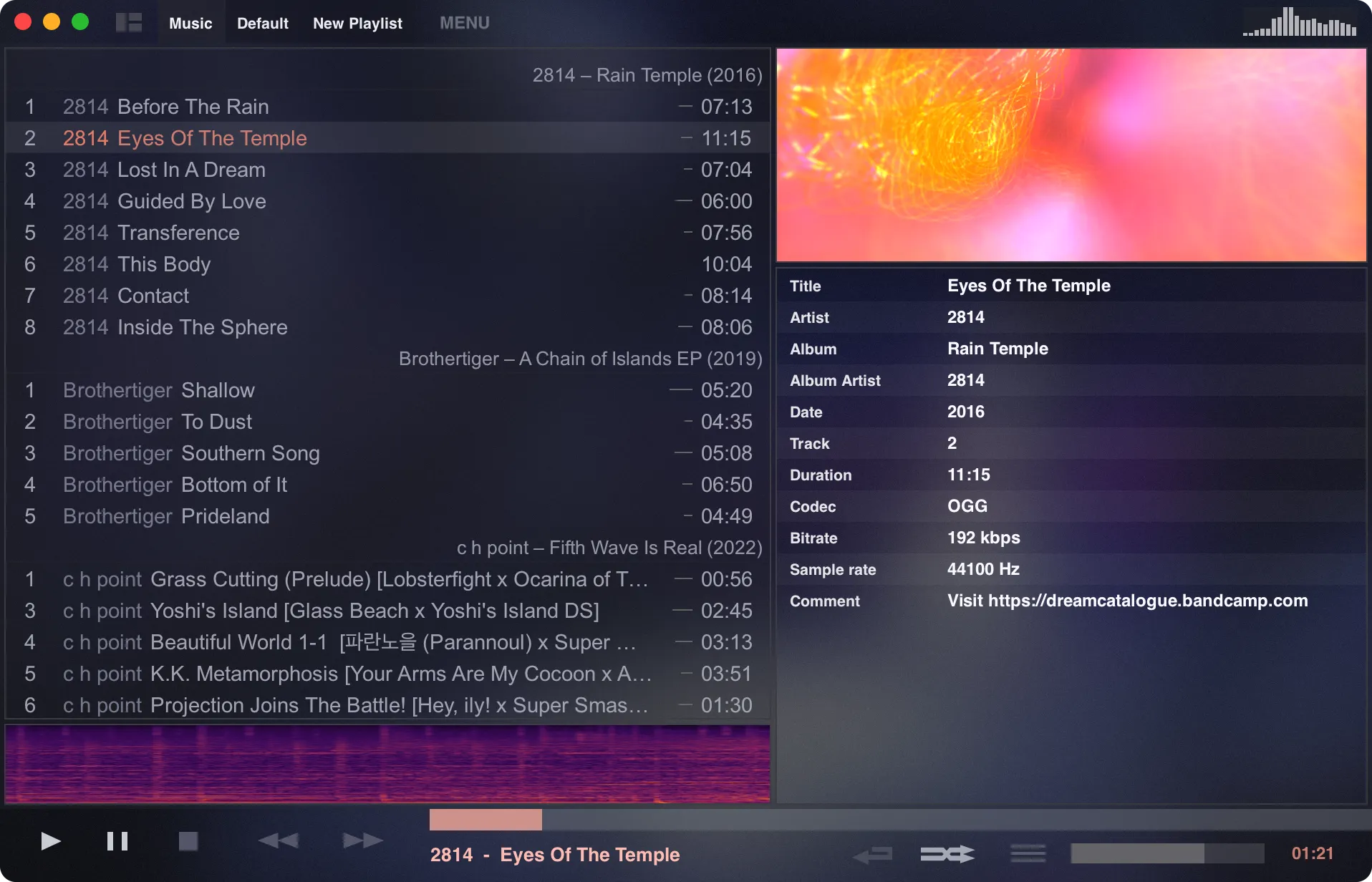 Tauon showing a playlist, music visualisation, and track details